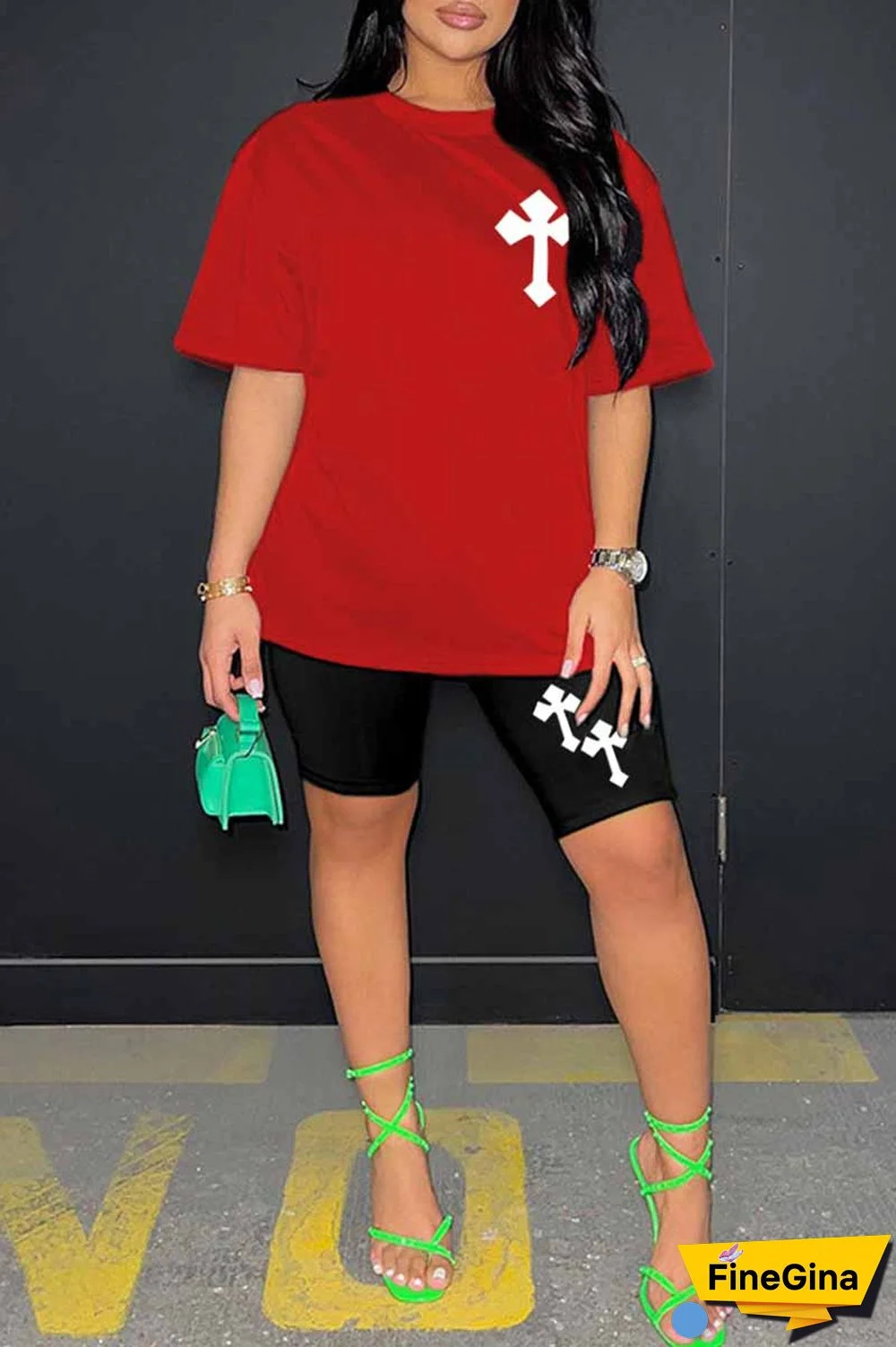 Blue Casual Print Patchwork O Neck Short Sleeve Two Pieces