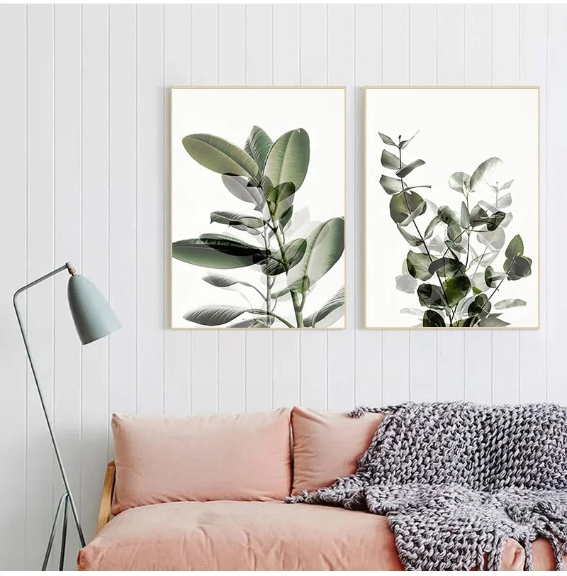 Green Plant Leaves Poster Print Eucalyptus Wall Art Canvas Painting Picture for Living Room Optimistic Quote Home Decoration
