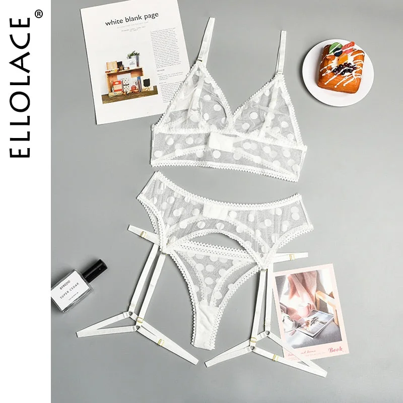 Ellolace Polka Dot Erotic Lingerie Costumes Transparent Lace Set Woman 3 Pieces Sexy Wireless Exotic Bra White Breves Sets