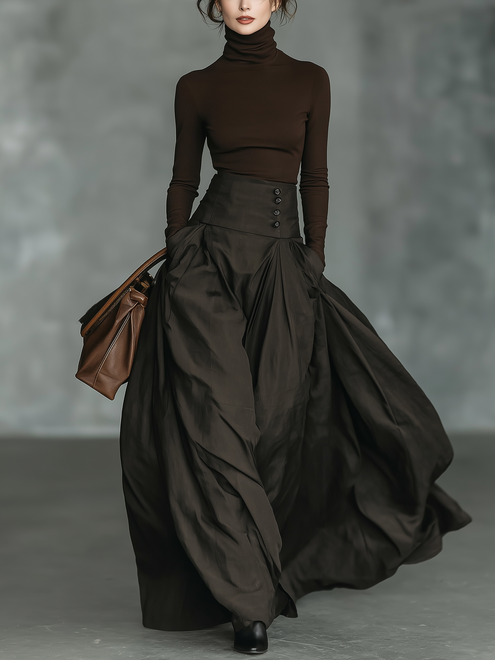 Women's Fashionable And Elegant Dark Brown Turtleneck Long-sleeved Slim-fit Knit Top Paired With A High-waisted Woven Midi Skirt MDA2864K9AN