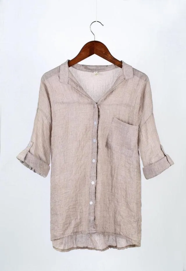 Brownm Fresh Loose Cotton Linen Three-quarter Temperament Commute Sleeve Collar Women's Shirt