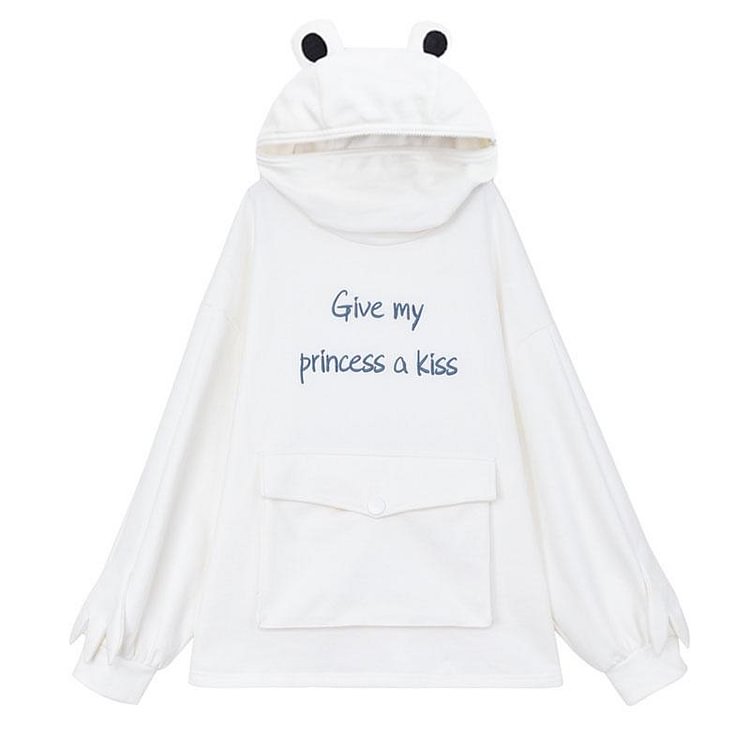 GIVE MY PRINCESS A KISS Letter Embroidery Frog Zipper Pocket Oversized Hoodie - Modakawa Modakawa