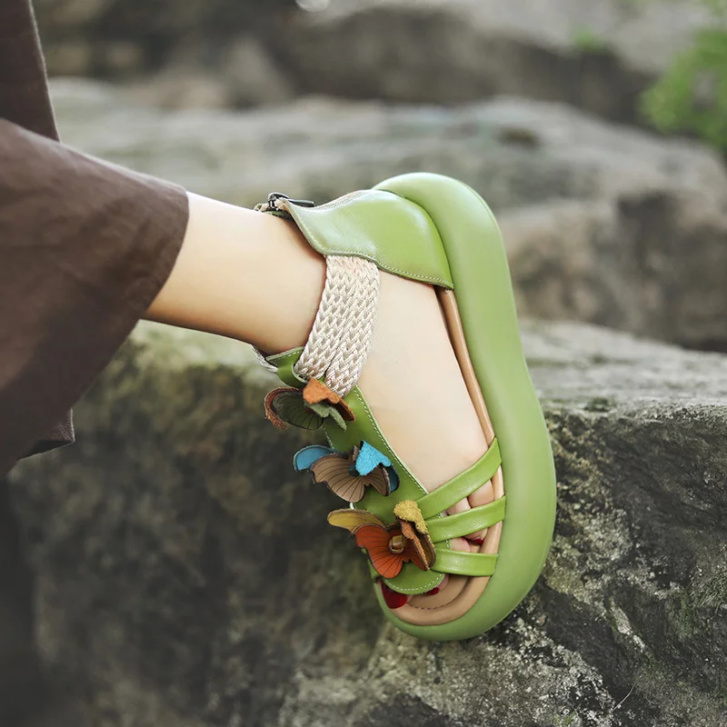 Yyvonne Layer Of Cow Skin Art Retro Sandals Women 2025 Summer New Bump Flower Cake Thick Bottom Roman Sandals