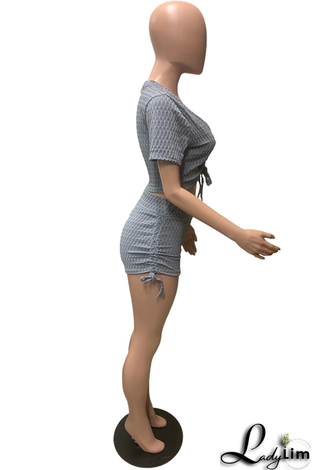 Grey Fashion Solid Patchwork V Neck Short Sleeve Two Pieces