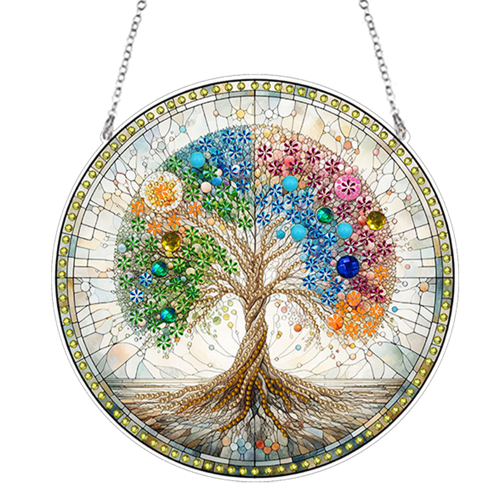 Suncatcher Tree Stained Glass Colorful Diamond Painting Hanging Pendant Decor