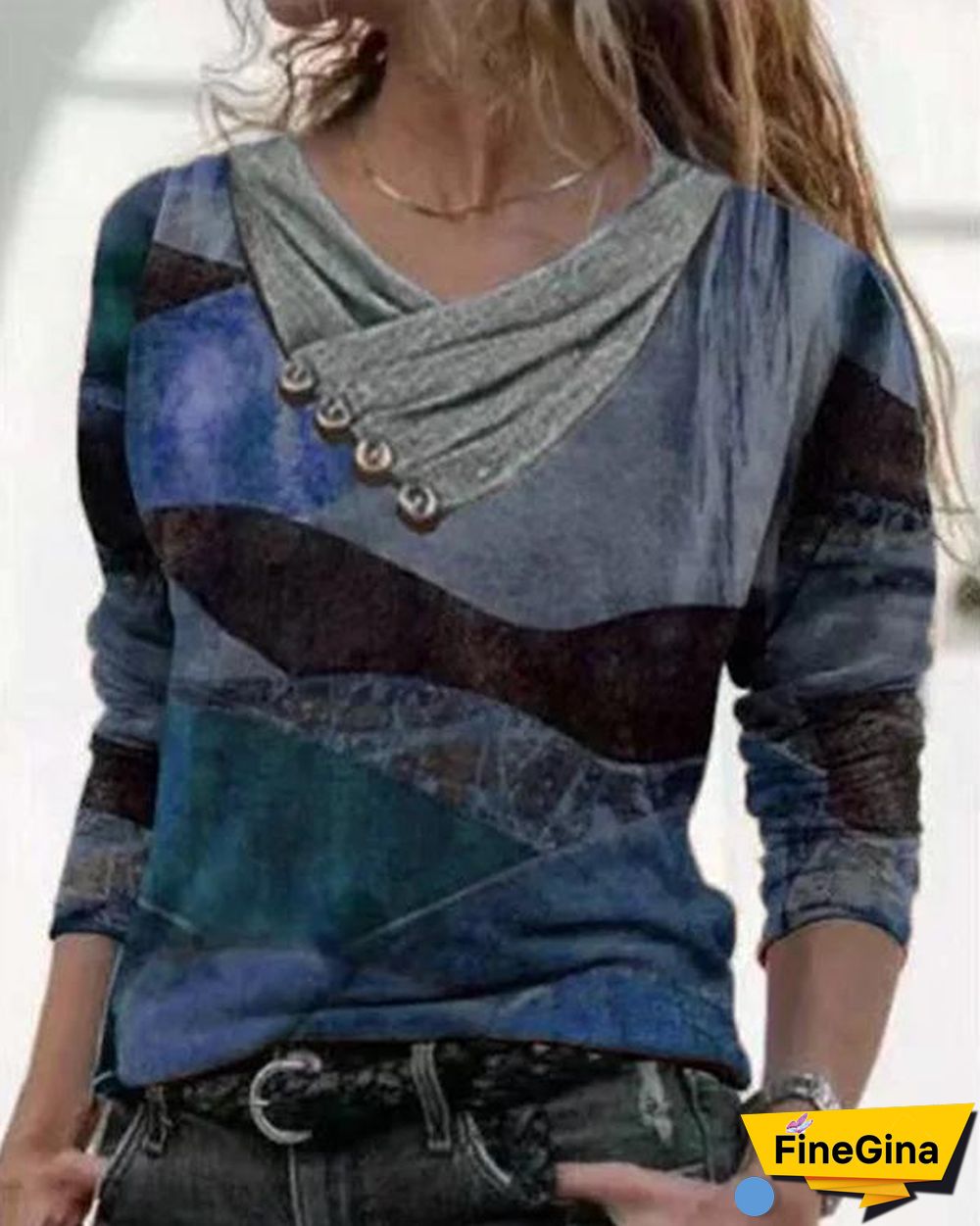 Color Block Casual V-Neckline Long Sleeve Blouses