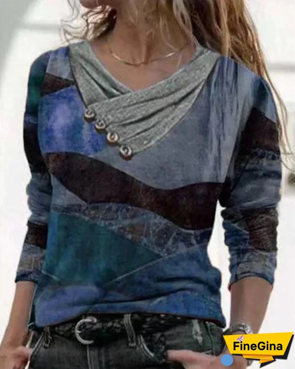 Color Block Casual V-Neckline Long Sleeve Blouses