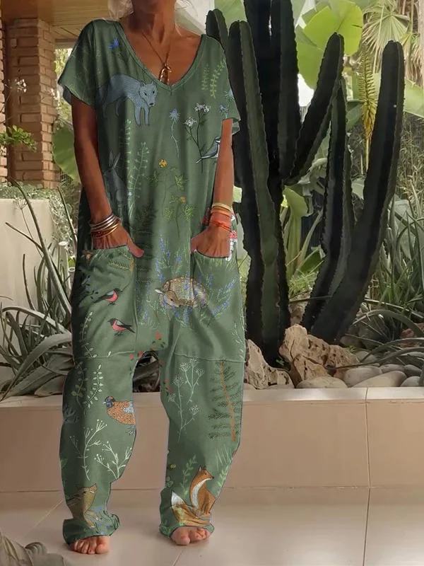 Casual Floral Print V-neck Jumpsuit