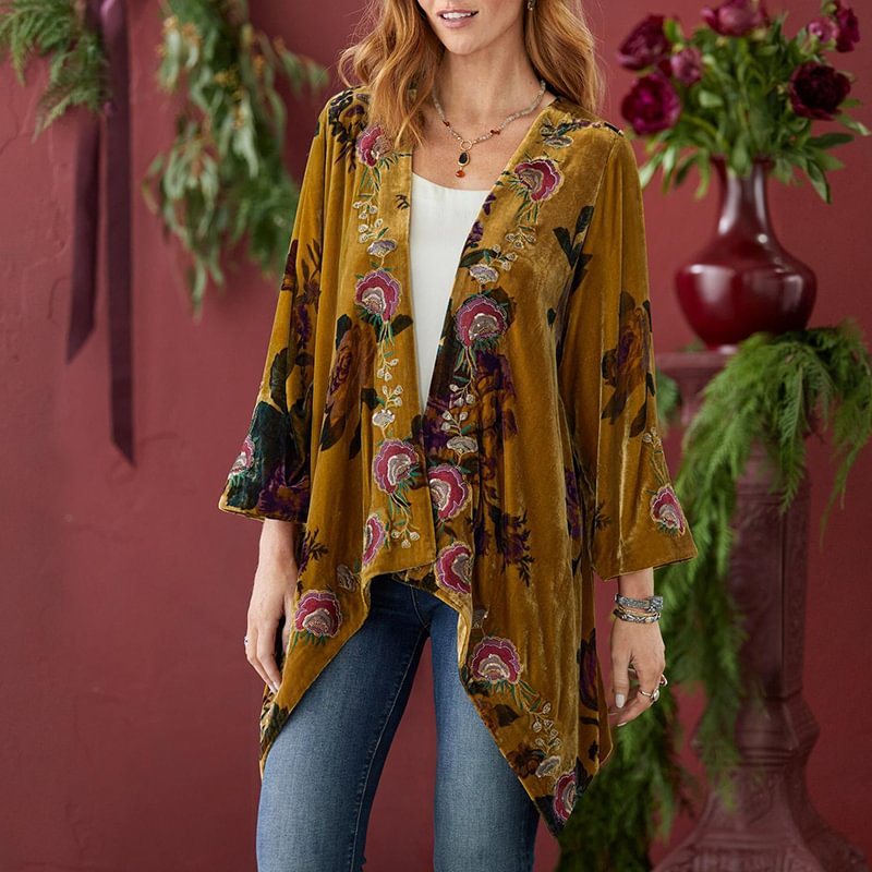 Flower Print Women Oversized Green Yellow Cardigan