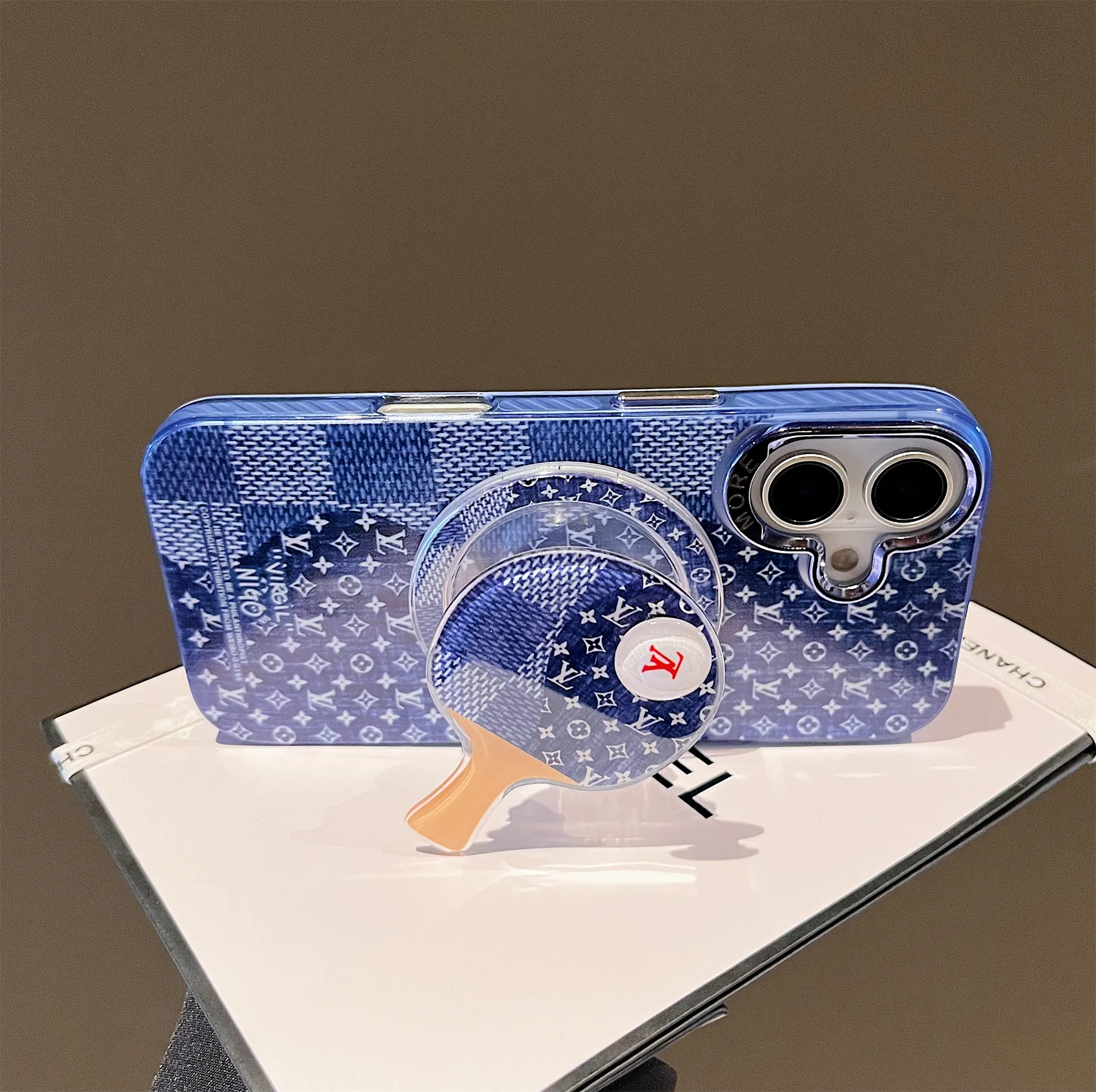 MagSafe Rotating LV Stand Blue Checkerboard Monogram Apple iPhone Case