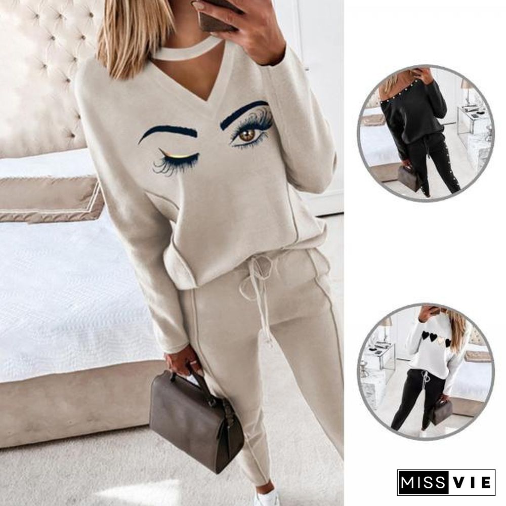 Tracksuit Set Hollow Out Skin-Friendly Eyes Print Women Outfit For Office