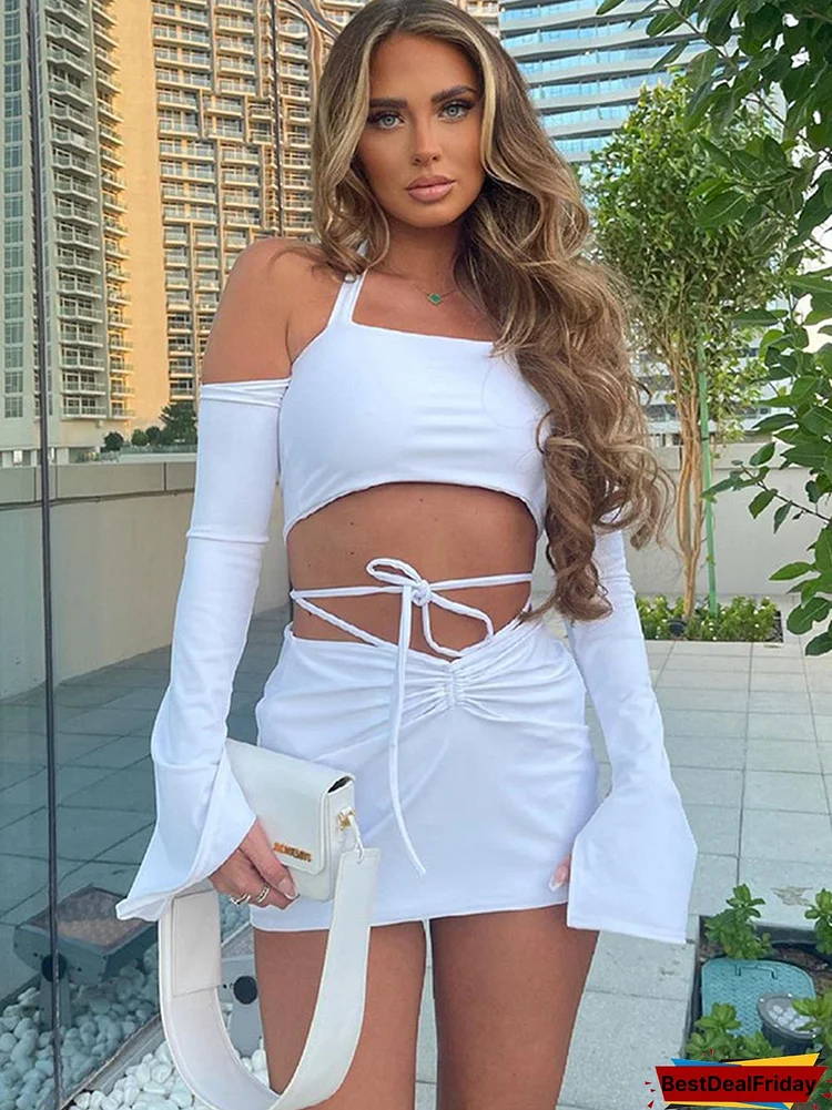 Sexy Set Woman 2 Pieces Long Sleeve Crop Top Bandage Mini Dress Womens Outfits Skinny White Dress Sets Y2K 90S Pink Knitted Suit