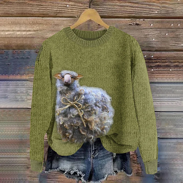 Grass Green Sheep Wool Felt Art Graphic Crew Neck Cozy Knit Sweater