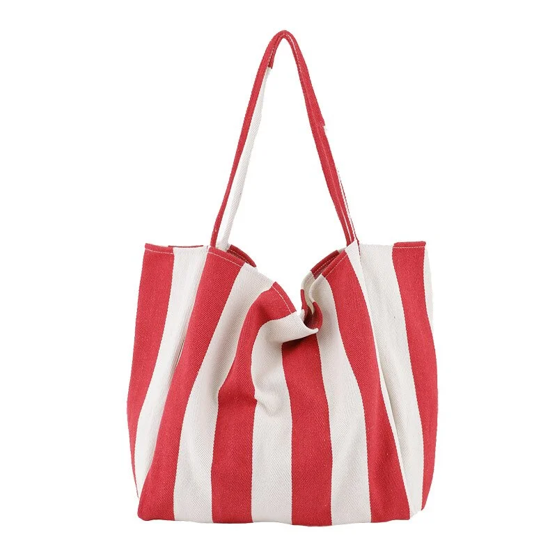 Large Capacity Canvas Women's Bag 2021 Retro Simple Striped Women's Shoulder Bag Multifunctional Casual Open Tote Shopping Bag