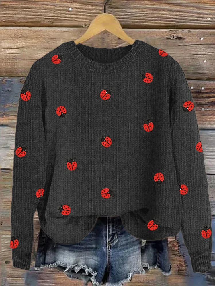VChics Ladybug Insect Embroidery Cozy Knit Sweater