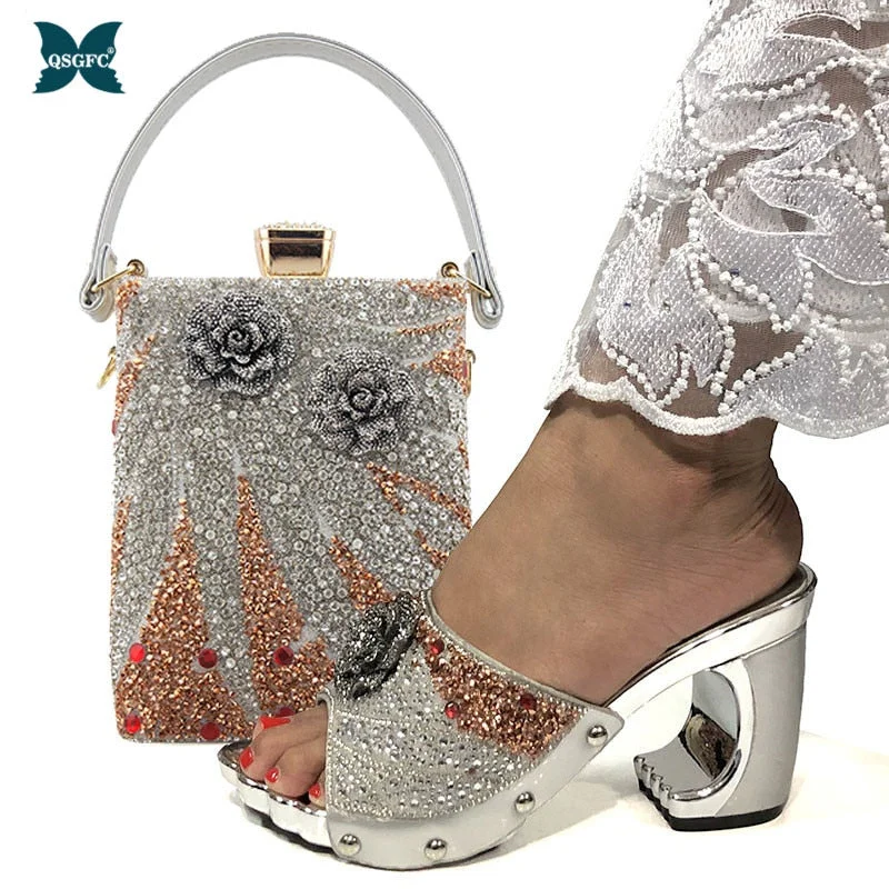 QSGFC New Arrival Fashionable Italian Shoes and Bag Sets Silver Color Women's Wedding Special Appliques for African Lady Sandals