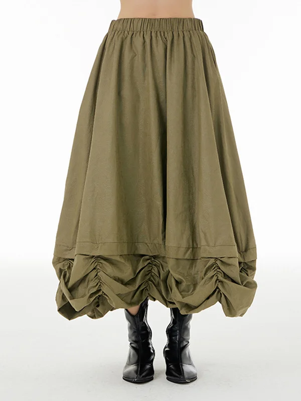 Elasticity Pleated Solid Color Split-Joint Loose Skirts