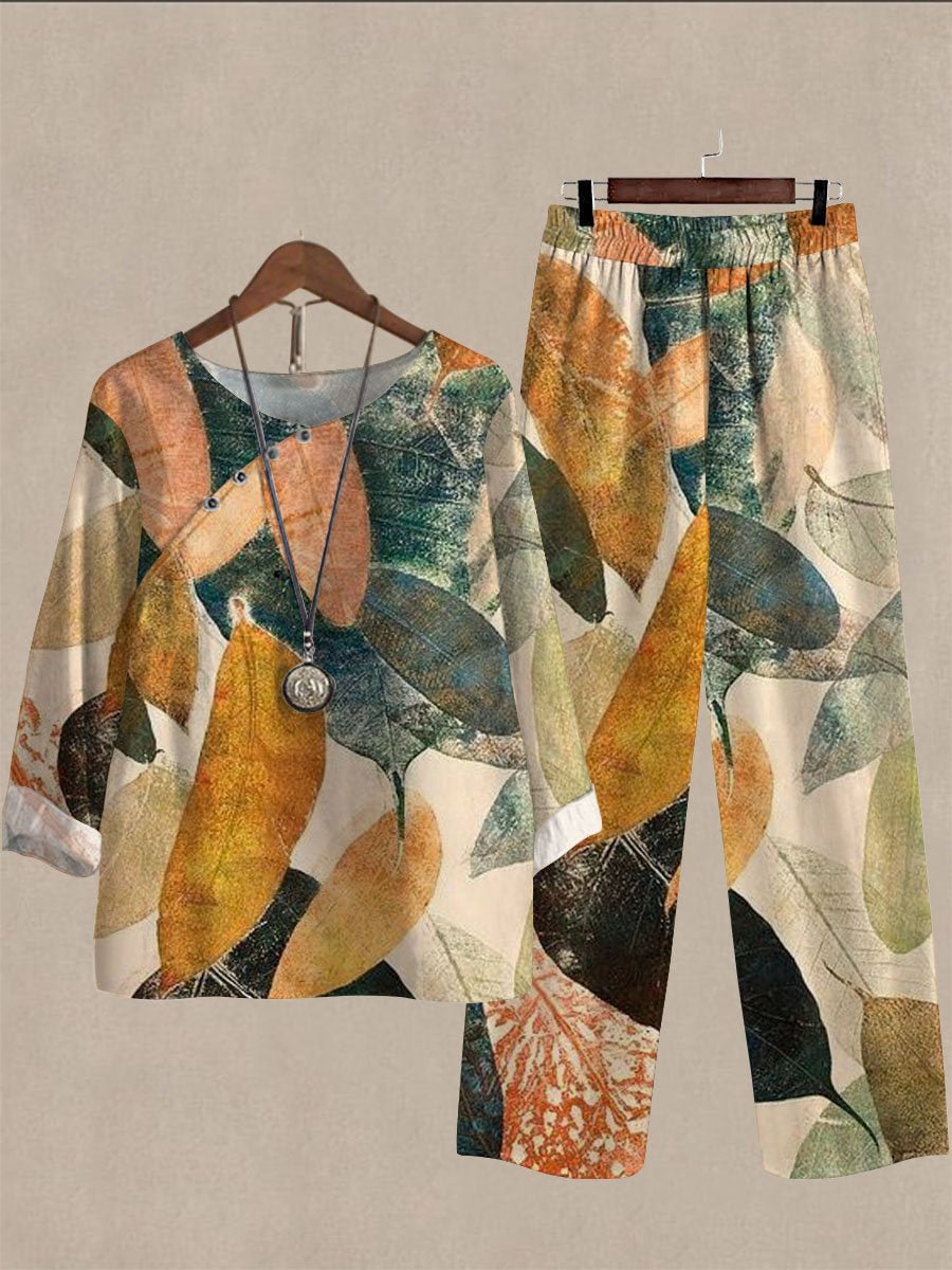 Spring and Autumn Oil Painting Leaf Print Casual Two-piece Suits