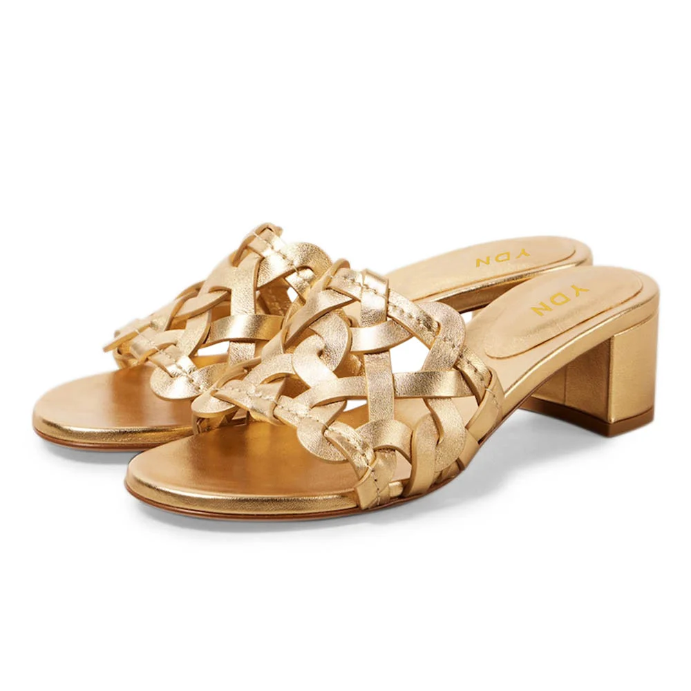 Gold Metallic Finish Open Toe Block Heel Woven Mules Sandals