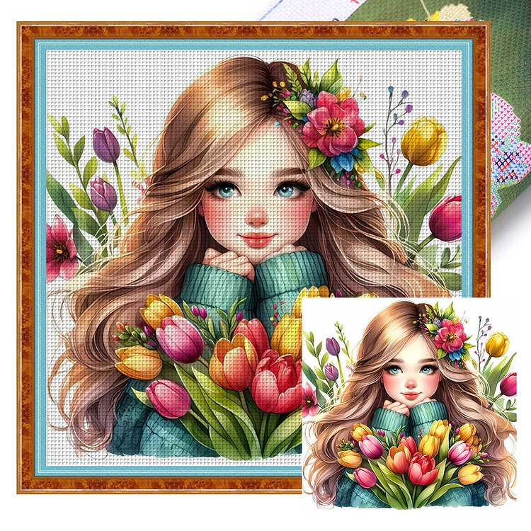 Flowers And Little Girl - Printed Cross Stitch 14CT 40*40CM