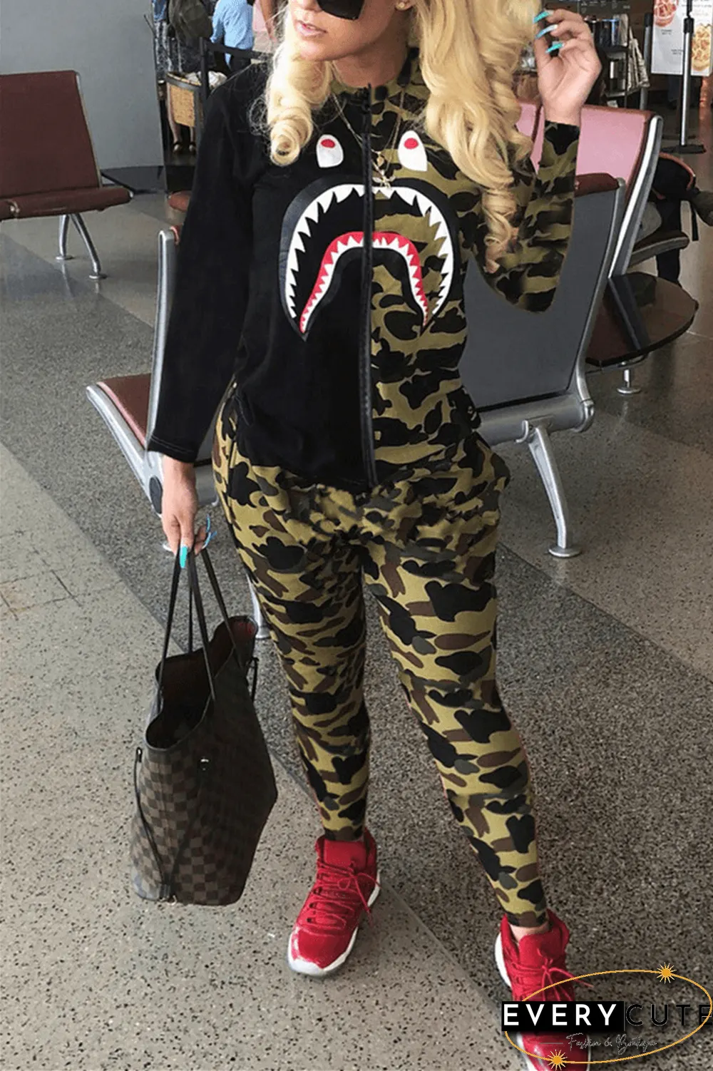 Fashion Zipper Cartoon Print Camouflage Two Pieces