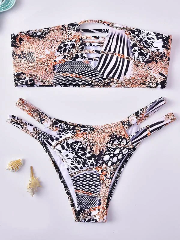 Snake-Print Hollow Split Bikini Swimsuit