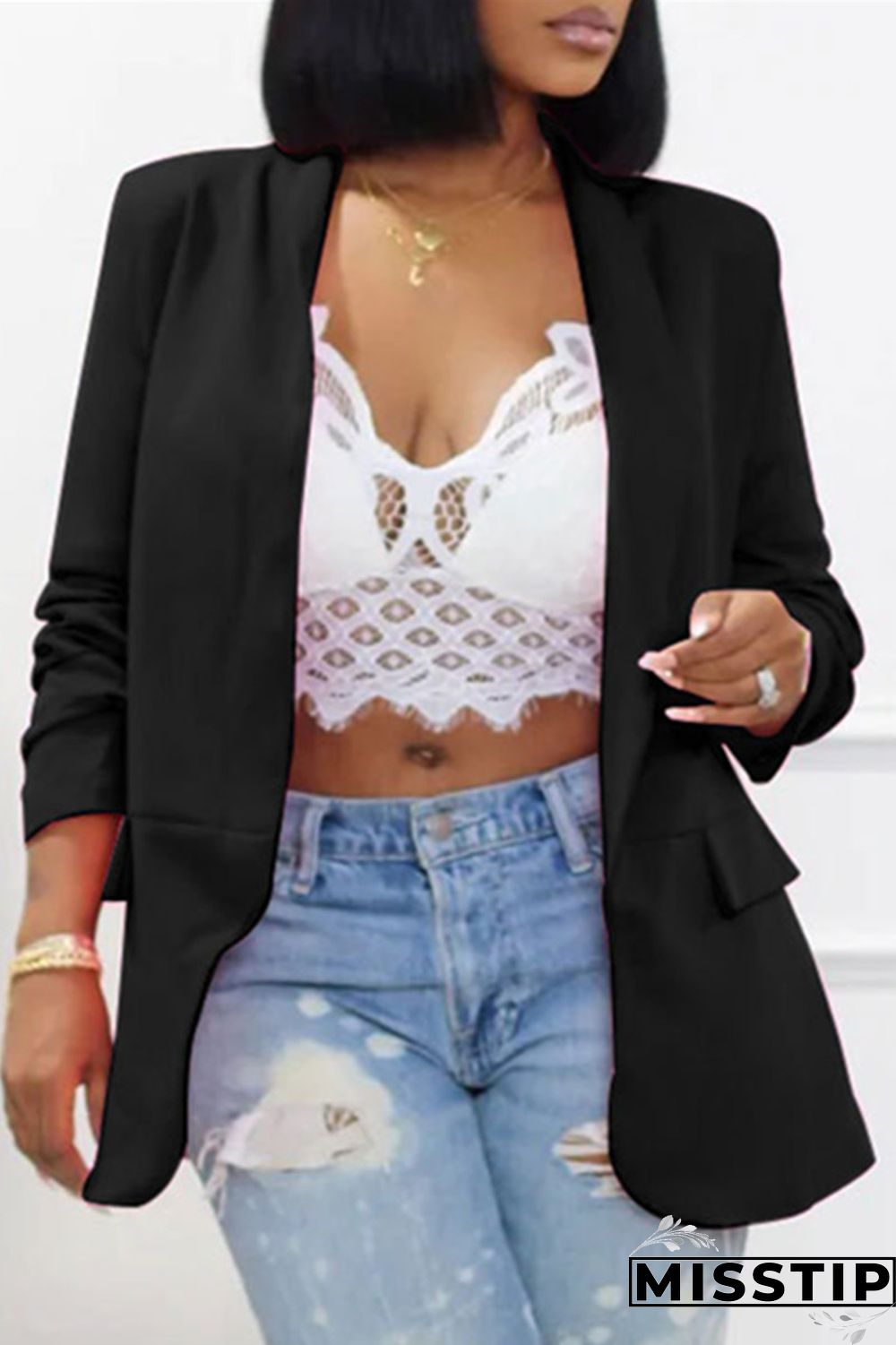 Black Fashion Casual Solid Patchwork Cardigan Turn-back Collar Outerwear