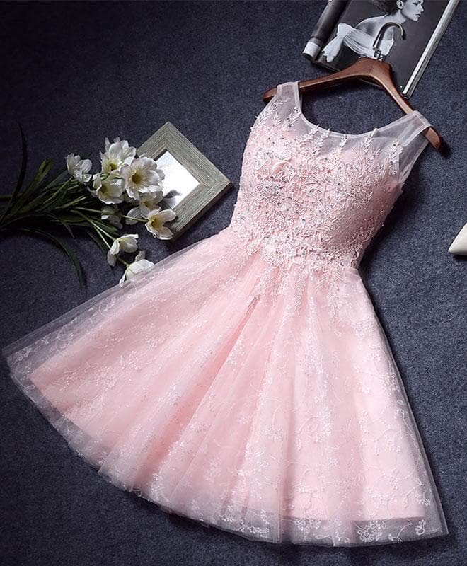 Cute Round Neck Lace Short Prom Dress
