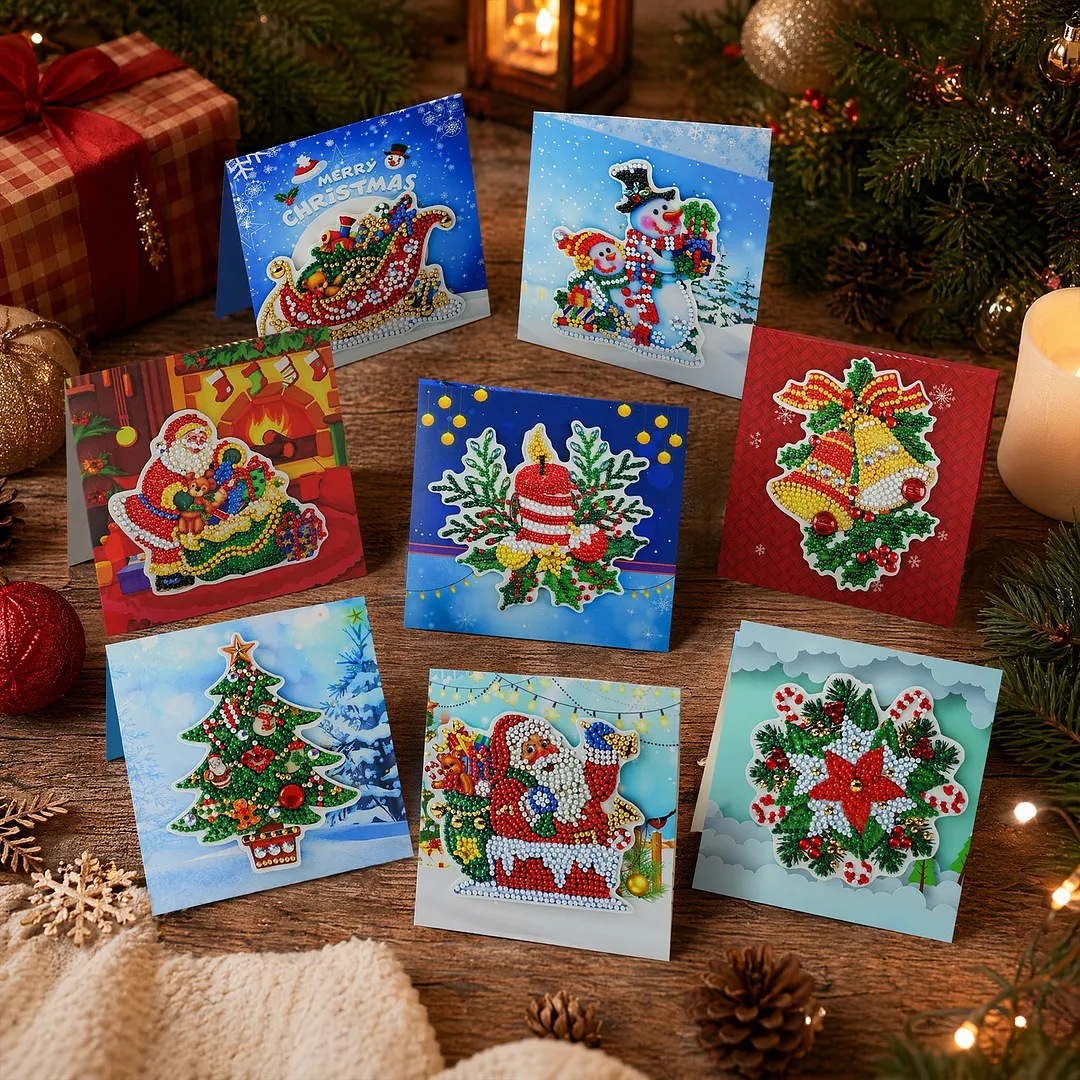 8PCS Christmas Atmosphere DIY Diamond Painting Greeting Card Kits with Envelopes Diamond Art Greeting Cards Diamond Art Cards Kits for Adults DIY Crafts Family Friend Gifts
