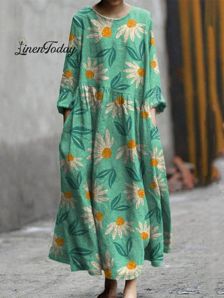 Women’s Lovely Floral Art Print Pocket Cotton Dress Green / S