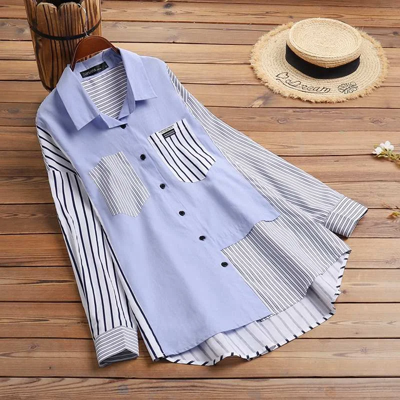 Oversized Vintage Striped Shirt ZANZEA 2022 Spring Women Patchwork Shirt Casual Lapel Neck Cotton Tops Tunic Long Sleeve Blusas