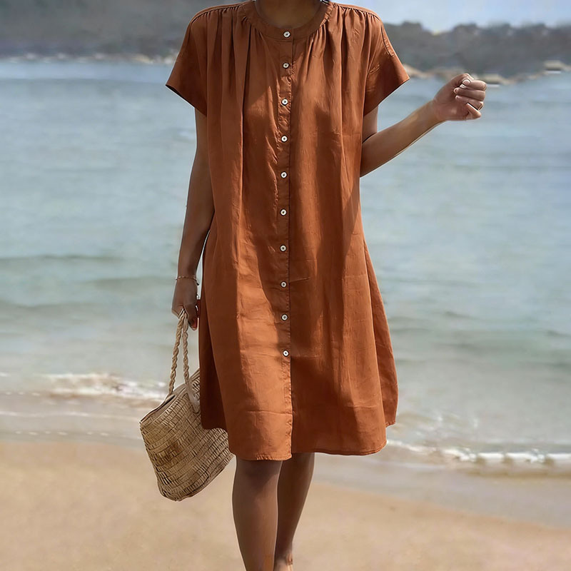 Women's Solid Color Multi-pleated Short-sleeved A-line Linen Blend Dress elevenforest