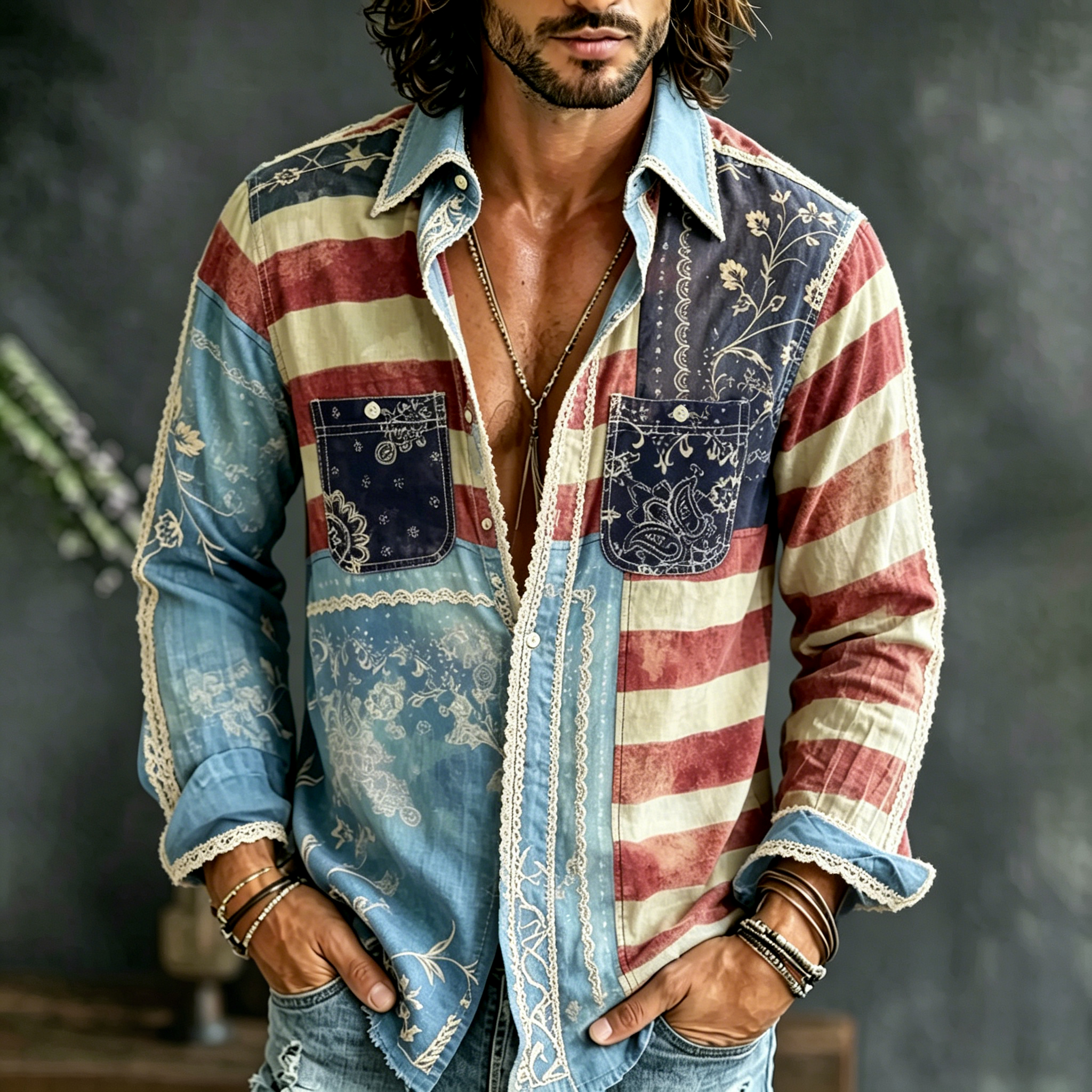  Men's Boho Flag Independence Day Floral Print Casual Linen Patchwork Pocket Shirt Westsshops