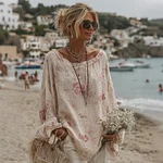 Women's Roses Print Crew Neck Linen Blend T-shirt - Image 2