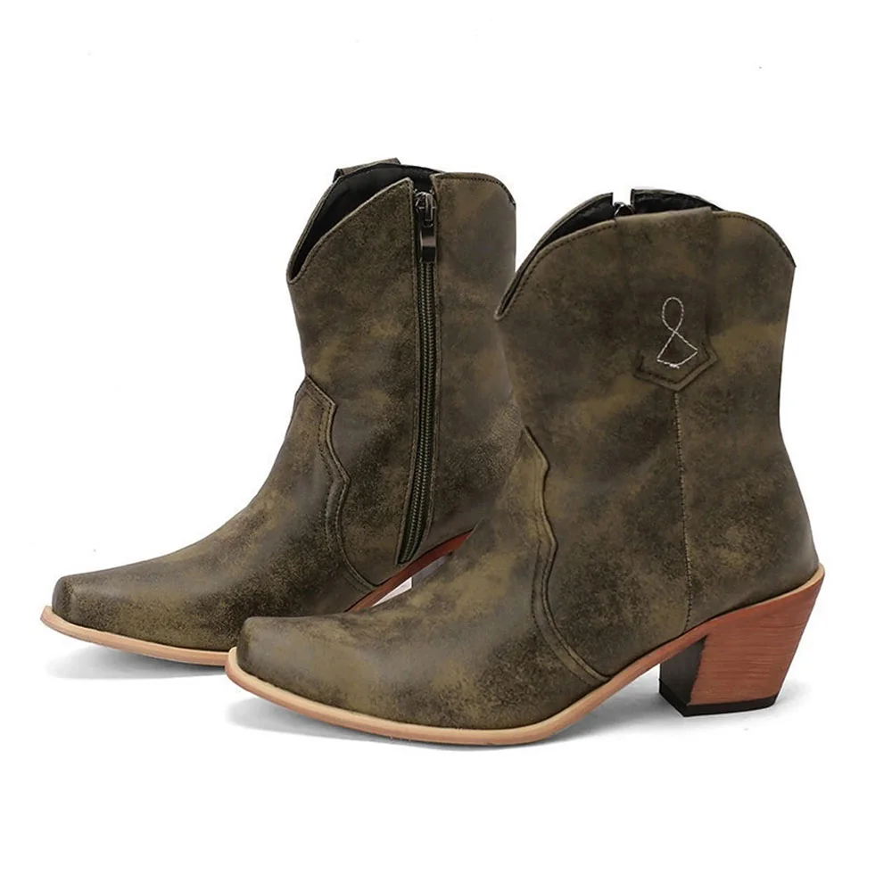 Faux Leather Olive Block Heel Snip Toe Western Boots for Women