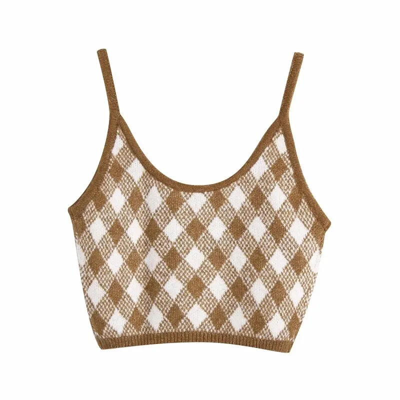 Vintage Stylish Brown Argyle Patterns Camis Tops Women Sexy Fashion Straps Tops Female Chic Camisole