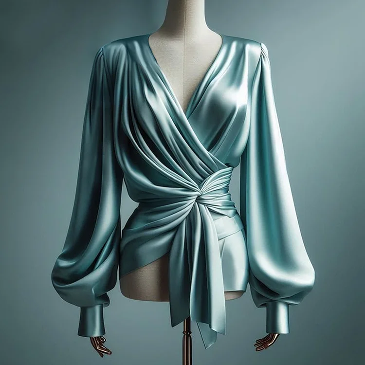 Ursime Satin Solid Wrap V Neck Lantern Sleeve Blouse