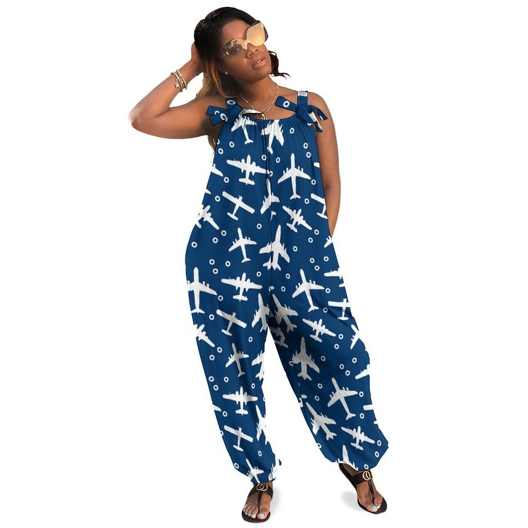 Dark Navy Blue And White Aircraft Pattern Boho Vintage Loose Overall Corset Jumpsuit Without Top