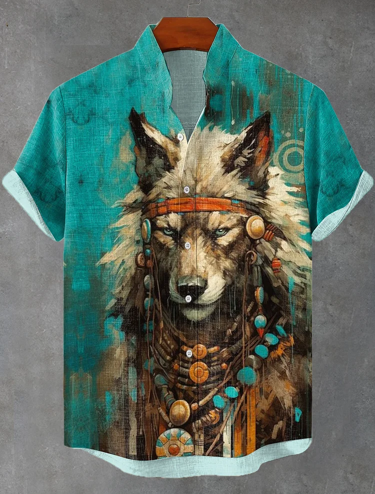 Men's Western Wolf Oil Painting Art Print Short Sleeve Linen Blend Shirt