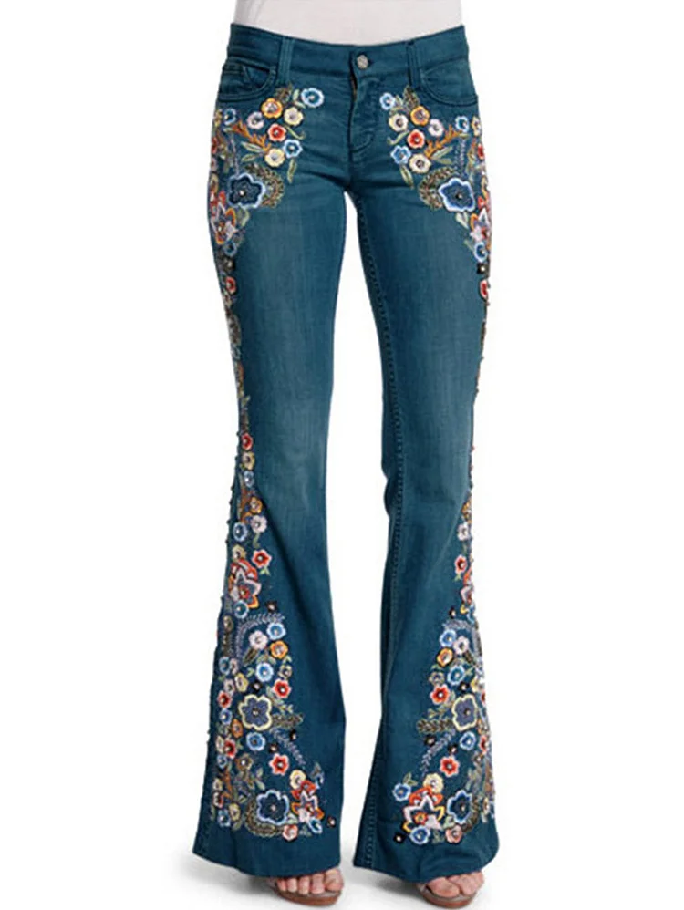 Casual Light Washed Floral Embroidery Denim Flared Pants