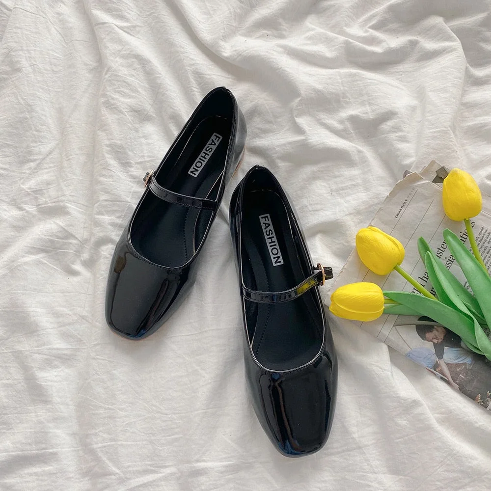 Vintage Square toe buckle band mary janes women loafers flat shoes woman ballerina slip on shallow solid low heels moccasins2020