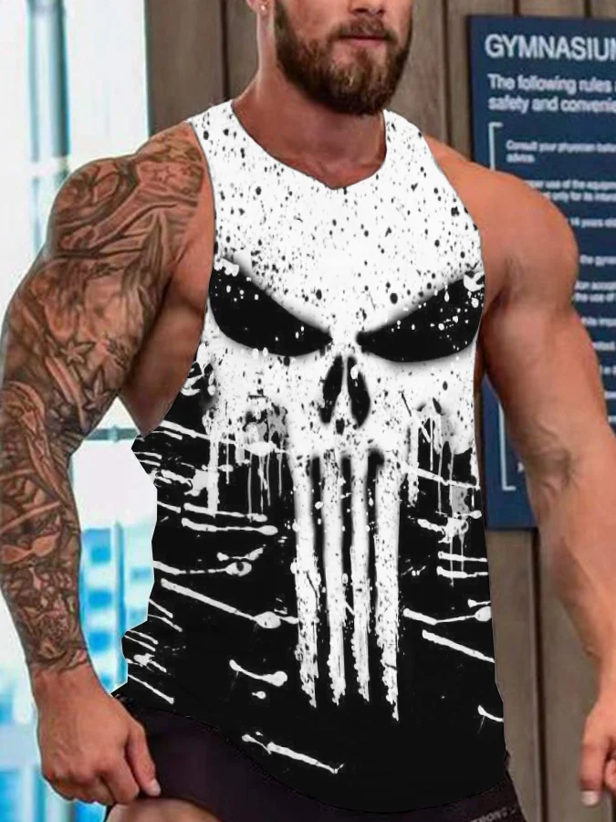 BrosWear Men's Skull Graphic Contrast Color Round Neck Tank Top