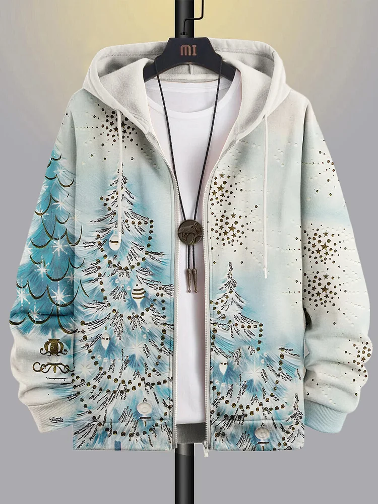 Men's Winter Christmas Tree Art Print Hooded Zip Up Jacket
