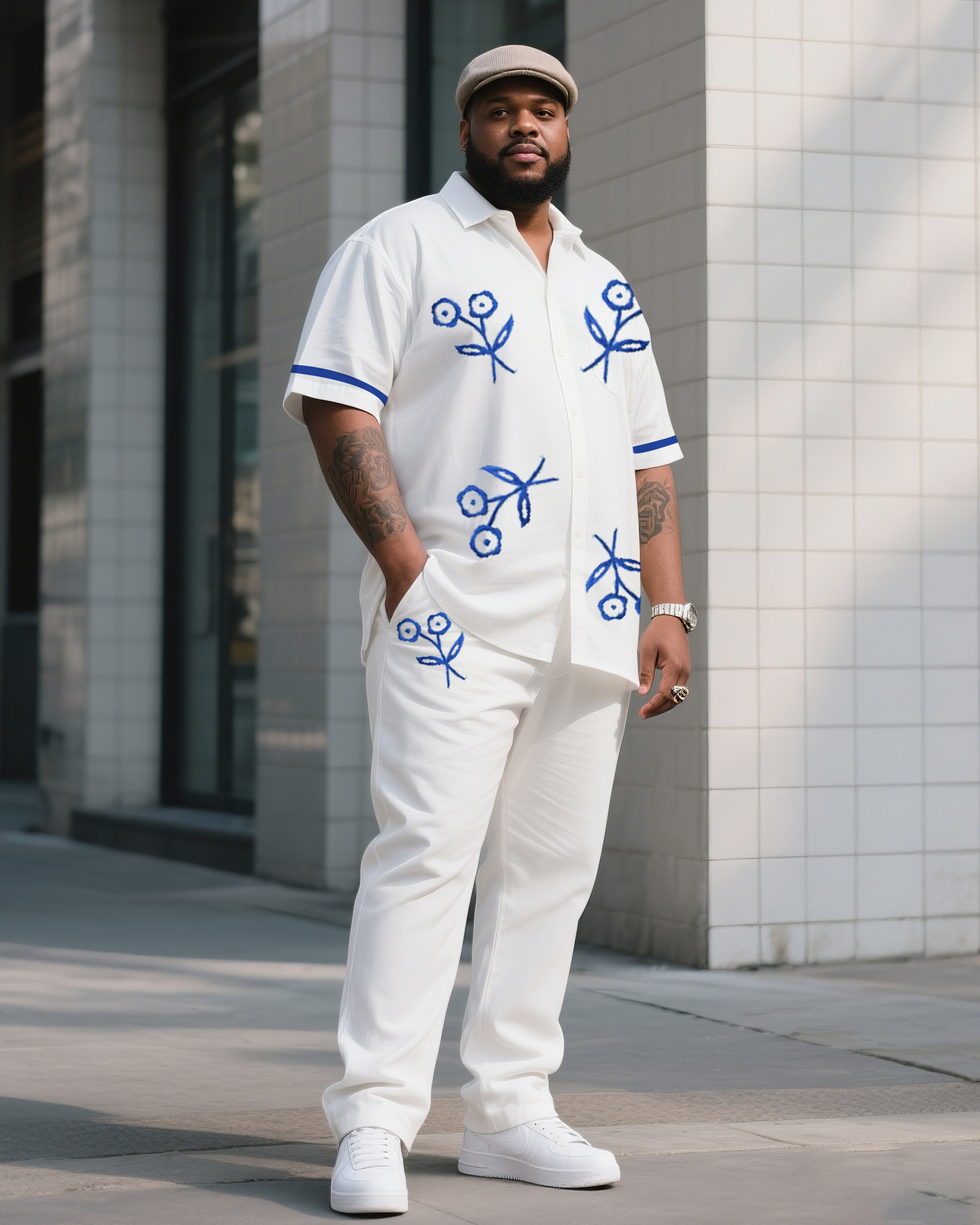 Big Boy Daily Casual Blue Floral Print Figure Short Sleeve Shirt Trousers Suit