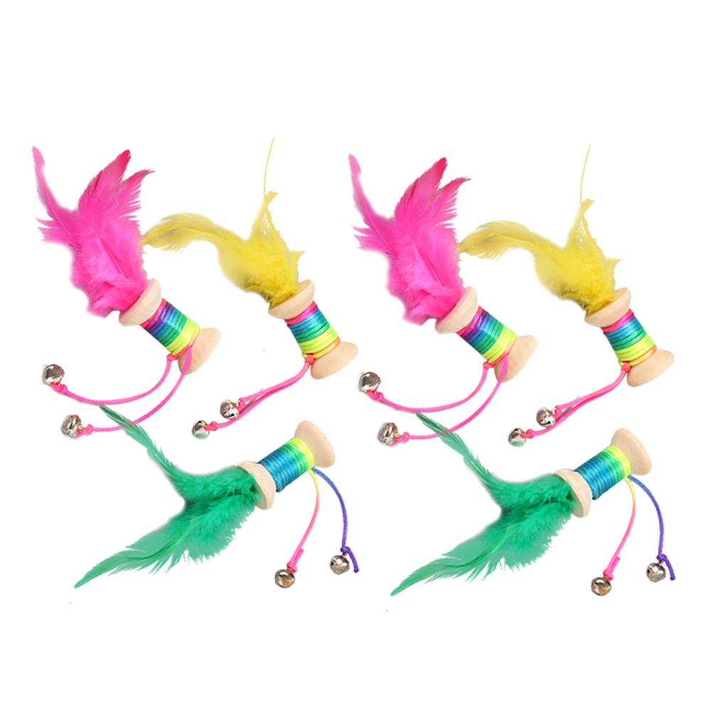 

Pet Cat Wooden Rolling Bell Colorful Feathers Squeak Toy Pet Supply Random, 501 Original