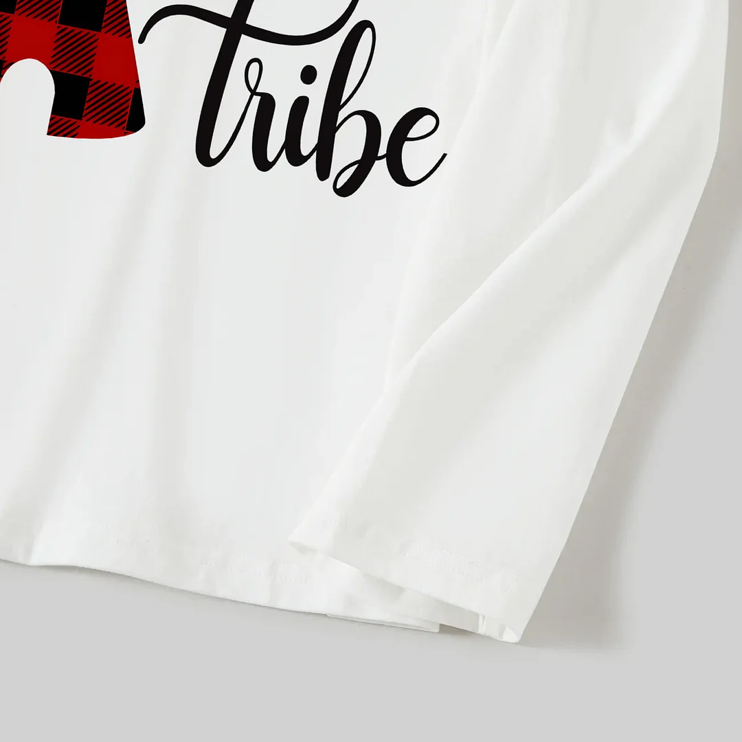 "Christmas With My Tribe"  Pattern White Long Sleeve with White&Red&Green Plaid Pants Family Matching Pajamas