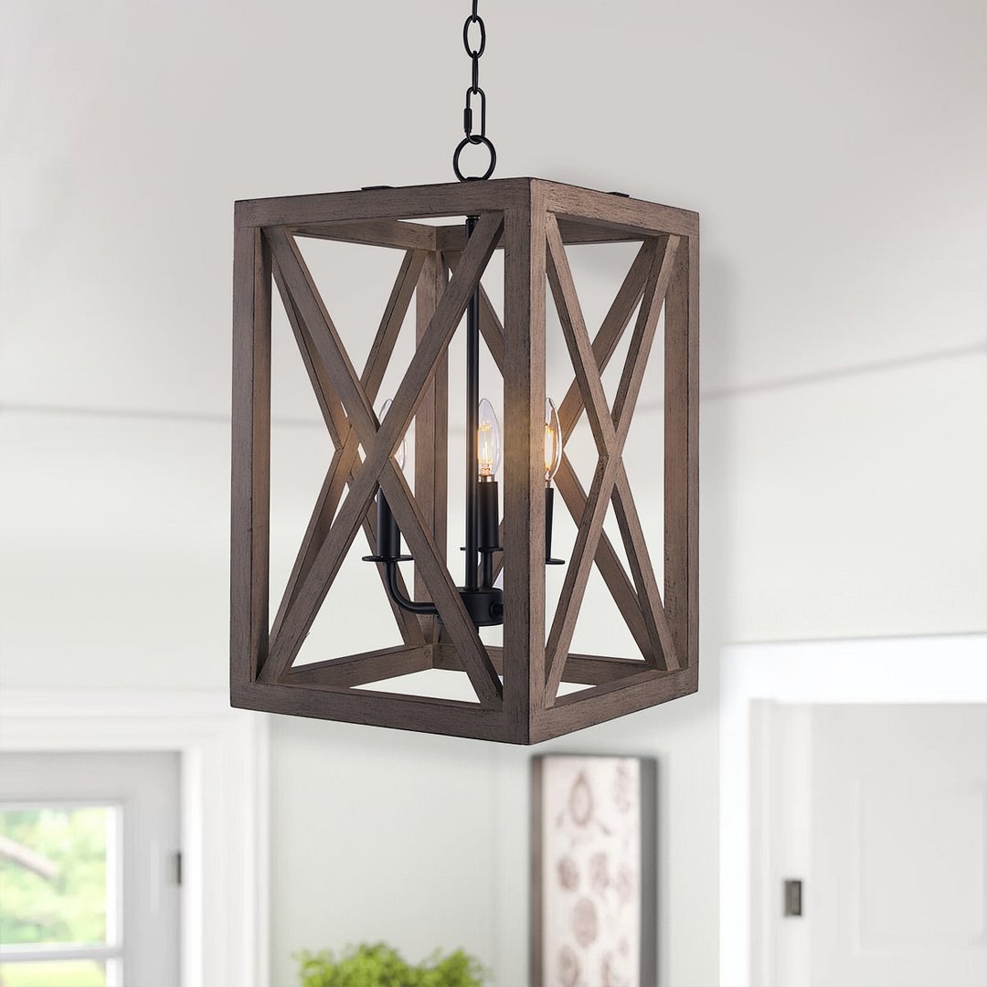 3-Light Candle Style Pendant Rectangle Wood Chandelier