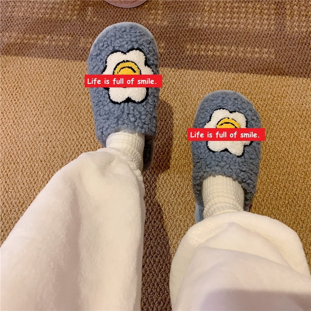 Slippers Winters Indoor Womens Fluffy Soft  Slip On House Curly Fur Slippers Sunflower Pattern Antiskid Short Plush Flat Shoes