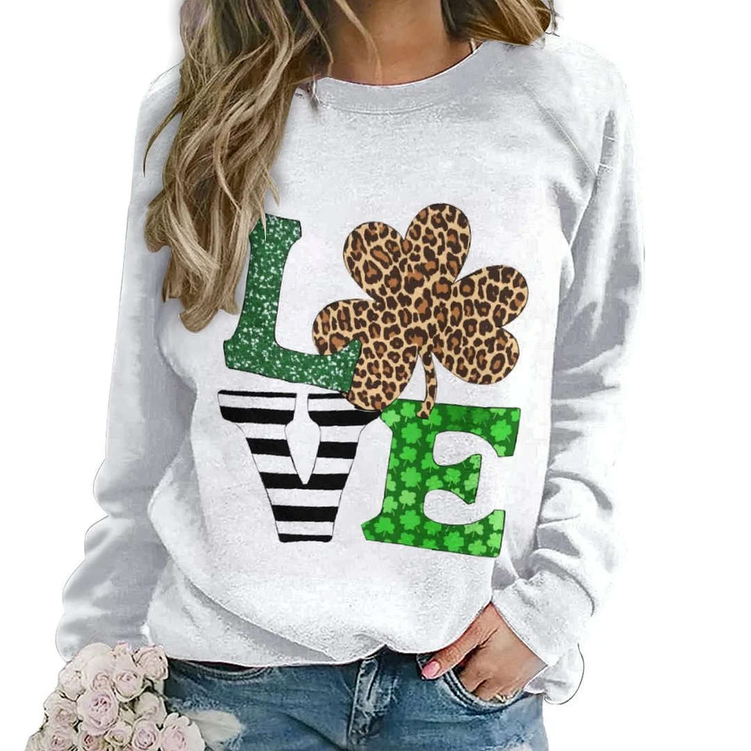 Printed Long Sleeve Casual Sweatshirt for  Women and Men Unisex Pattern St. Patrick's Day, Green, Clover, Lucky