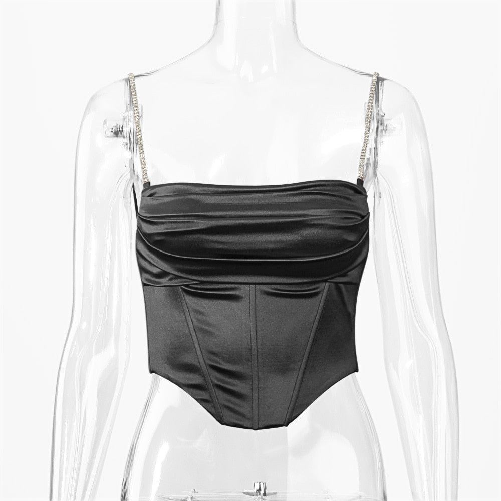 Articat Multi-Layer Diamonds Strap Tank Tops For Women Sexy Backless Clubwear Camisole Satin Lace Up Slim Top Bodycon Capris